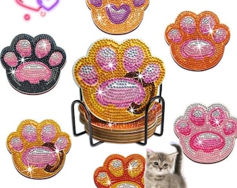 DIY *KITTY PAWS* 6-Piece Set Diamond Painting KiT Wood Base CoASTER SeT w/ Metal holder Crystal Drills ~HoME DECoR~ Cat Lover gIFT!