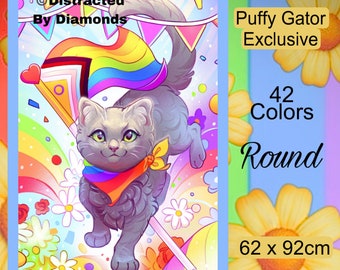 EXCLUSIVE! Puffy Gator Commission "Gray Pride Kitty" 62 x 92cm Round Diamond Painting Kit *Only at Distracted By Diamonds* PRIDE! LGBTQ