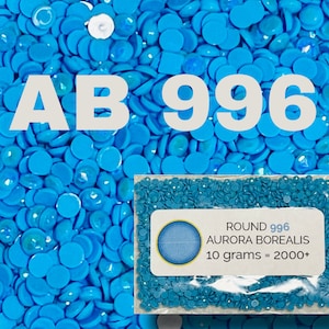 May include: A close-up image of a bag of small, round, turquoise blue rhinestones. The bag is labeled "ROUND 996 AURORA BOREALIS 10 grams = 2000+".