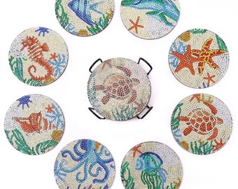 DIY MERMaID vibes 8-Piece DIAMOND Painting BeACH THeMe Wooden CoASTER SeT w/ MeTAL holder Crystal Drills ~BeACH HoUSE DECoR~