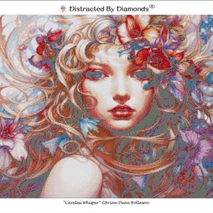 May include: A diamond painting depicting a woman's face adorned with a floral crown and flowing blonde hair. The artwork uses a colour palette of reds, blues, and purples. The text "Careless Whisper" and the artist's name are at the bottom.