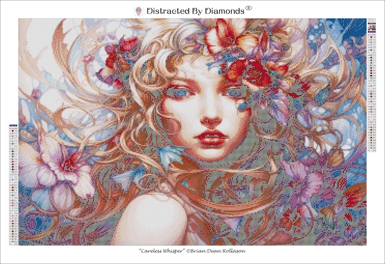 May include: A diamond painting depicting a woman's face adorned with a floral crown and flowing blonde hair. The artwork uses a colour palette of reds, blues, and purples. The text "Careless Whisper" and the artist's name are at the bottom.