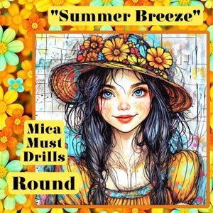 Könnte beinhalten: Digitales Kunstwerk einer Person mit blauen Augen und dunklem Haar, die einen mit Blumen geschmückten Hut trägt. Das Bild enthält den Text "Summer Breeze", "Mica Must Drills" und "Round". Das Kunstwerk ist von einem floralen Rahmen umgeben.