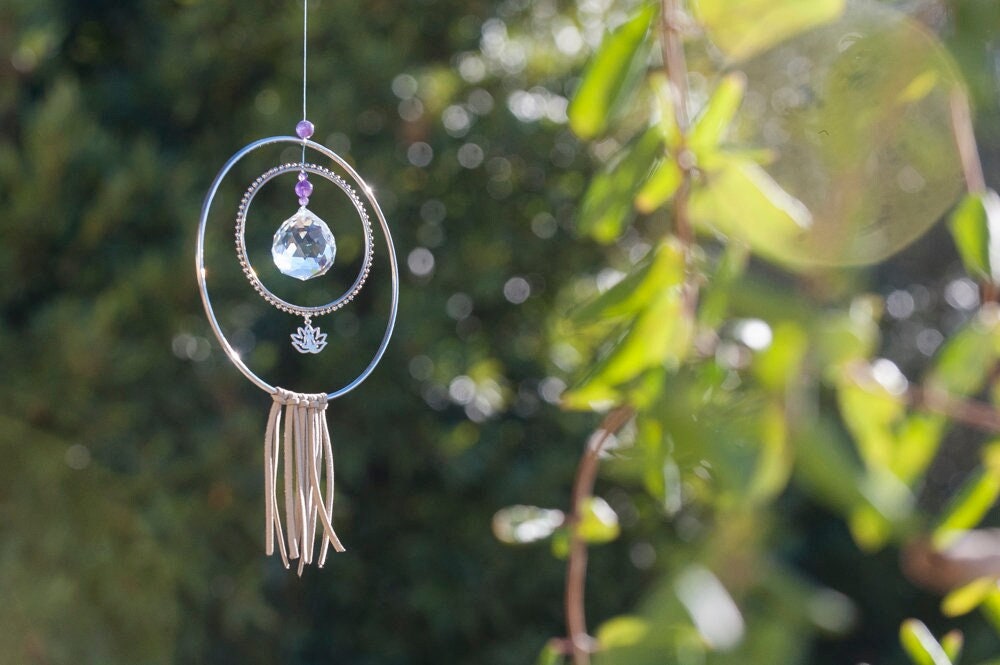 Cristal Clair Sans Plomb, Suspension Feng Shui, Mobile, Améthyste, Yogi, Fleur de Lotus, Cuir, Décor