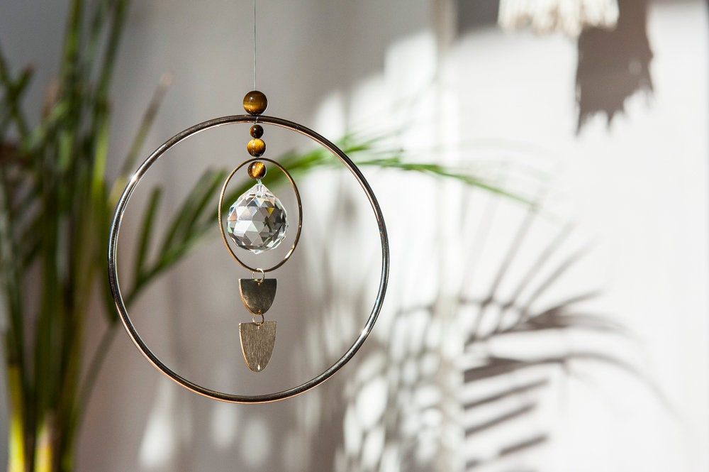 Suspension Feng Shui, Cristal Sans Plomb, Laiton, Oeil Du Tigre Protection Création Artisanal