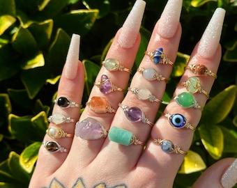 Buy 2 get 1 Free Crystal Ring, Natural Gemstone Jewelry, Silver & Gold Wire Rings, Custom Gift, Raw Stone Ring, Handmade, Birthstone Ring