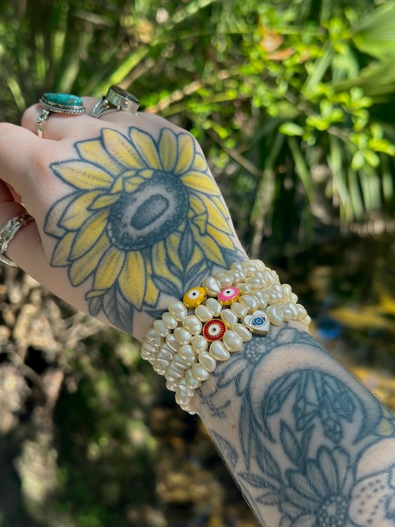 Evil Eye Faux Pearl Bracelet | Pearl Stretchy Bracelet | Protection Bracelet | Colorful Beaded Bracelet | Pearl Jewlery | Handmade Bracelet