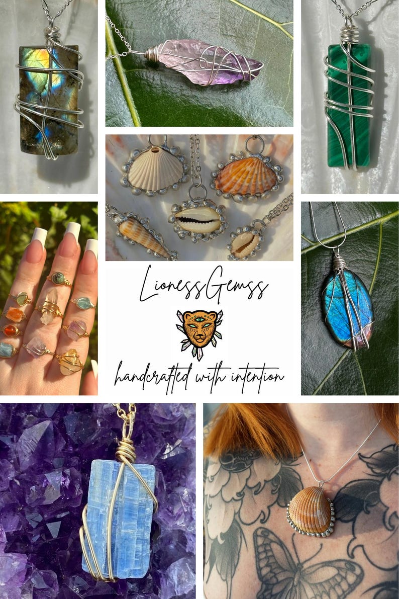 May include: A collection of handcrafted gemstone jewelry, including necklaces with labradorite, amethyst, malachite, and a blue iridescent stone. Rings with various gemstones are also displayed. The image includes the text "Lioness Gemss handcrafted with intention."