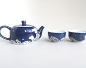 Handmade Painted Blue and White Porcelain Chinese Tea Set 1 Teapot 2 Tea Cups - The Wave