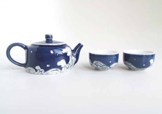 Handmade Painted Blue and White Porcelain Chinese Tea Set 1 Teapot 2 Tea Cups - The Wave