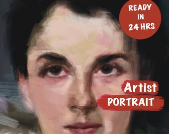 May include: A painting of a person's face. The person has dark hair and brown eyes. The painting is in a realistic style and has a soft, painterly feel. The text "Artist Portrait" and "Ready in 24 hrs" is visible in the image.