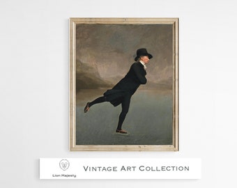 Vintage Skating Wall Art | Dark Winter Print | Gentleman Skating PRINTABLE | Moody Neutral Holiday Decor | Dark Winter Skating Art
