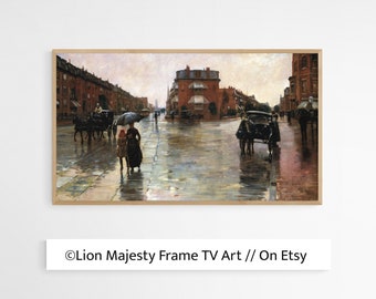 Samsung Frame TV Art | Vintage Art for Frame TV | Moody Landscape | Rainy Day in Boston Art Instant Downloadable Art for Frame TV
