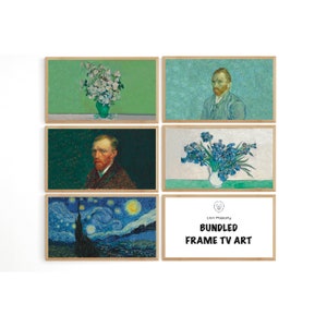 May include: A set of four framed art prints featuring famous paintings by Vincent van Gogh. The prints include a self-portrait, a vase of flowers, a starry night scene, and another self-portrait. The frames are a light wood color. The text "Lion Majesty Bundled Frame TV Art" is printed on a white background.