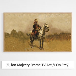 May include: A painting of a man in a military uniform riding a white horse. The man is wearing a red and blue uniform with a gold helmet. The horse is standing in a field with a background of trees and mountains.