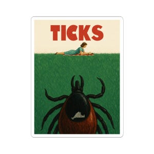 May include: A sticker featuring a large tick illustration in the foreground with a person reading on the grass in the background. The word "TICKS" is printed in red at the top.