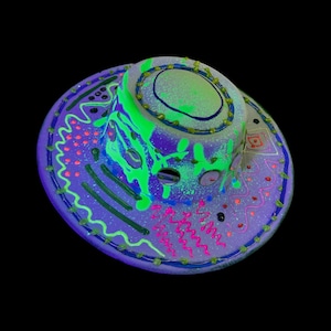 L NEONIC Burning Man LED Glow Hat Large Brim and HandPainted UV Reactive Neon Style, Light-Up Rave Festival Accessory Unique Playa Party Hat