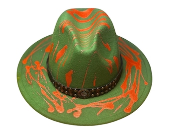 Burning Man Hand Painted Fedora, Festival Hat Women Men, Orange Splatter Wearable Art