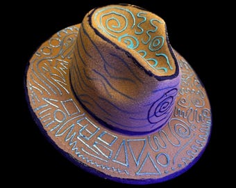 UV Reactive Fedora, Blacklight Festival Hat, Hand-Painted Tribal