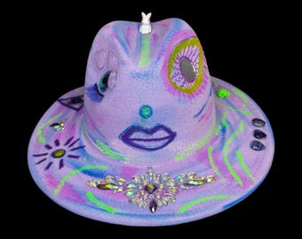 UV Reactive Fedora Hat, Handpainted Blacklight Rave Wear, Festival Wearable Art