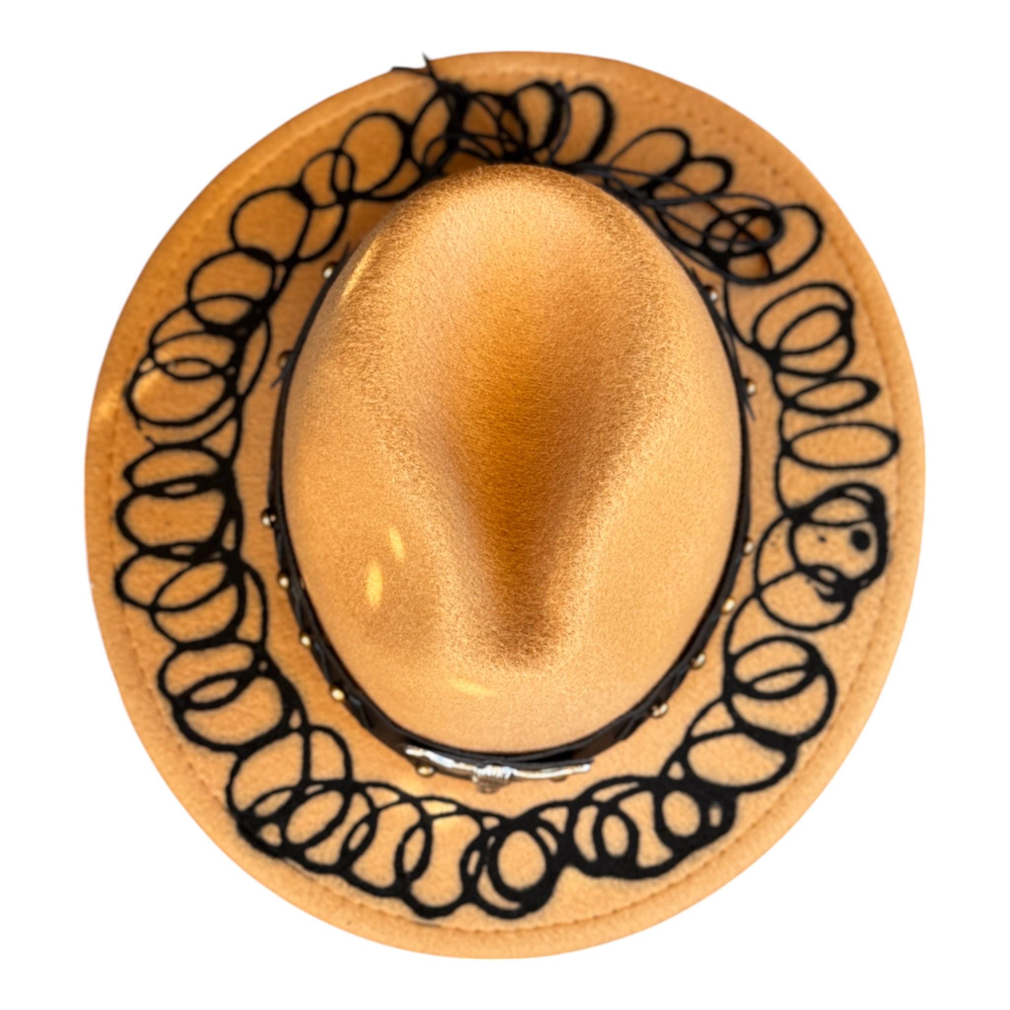Black Wide-Brim Fedora with Gold Hand-Painted Motif Hand Painted Gold Bird, Black Felt Fedora With Detailed  main image 3
