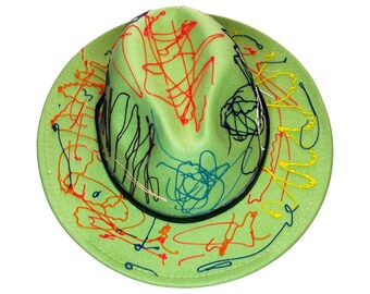 Burning Man Hat, Lime Green Festival Hat, Hand Painted Fedora, Burning Man Rave Wearable Art