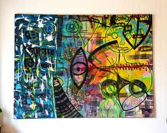 抽象的なミクストメディア絵画：カラフルなカオスとリズムの壁