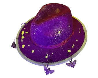 UV Reactive Festival Hat, Burning Man Felt, Neon Glow, Bronze Bee Charm Art