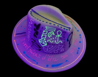 UV Glow Festival Hat, Hand Painted Fedora, Rave Wearable Art