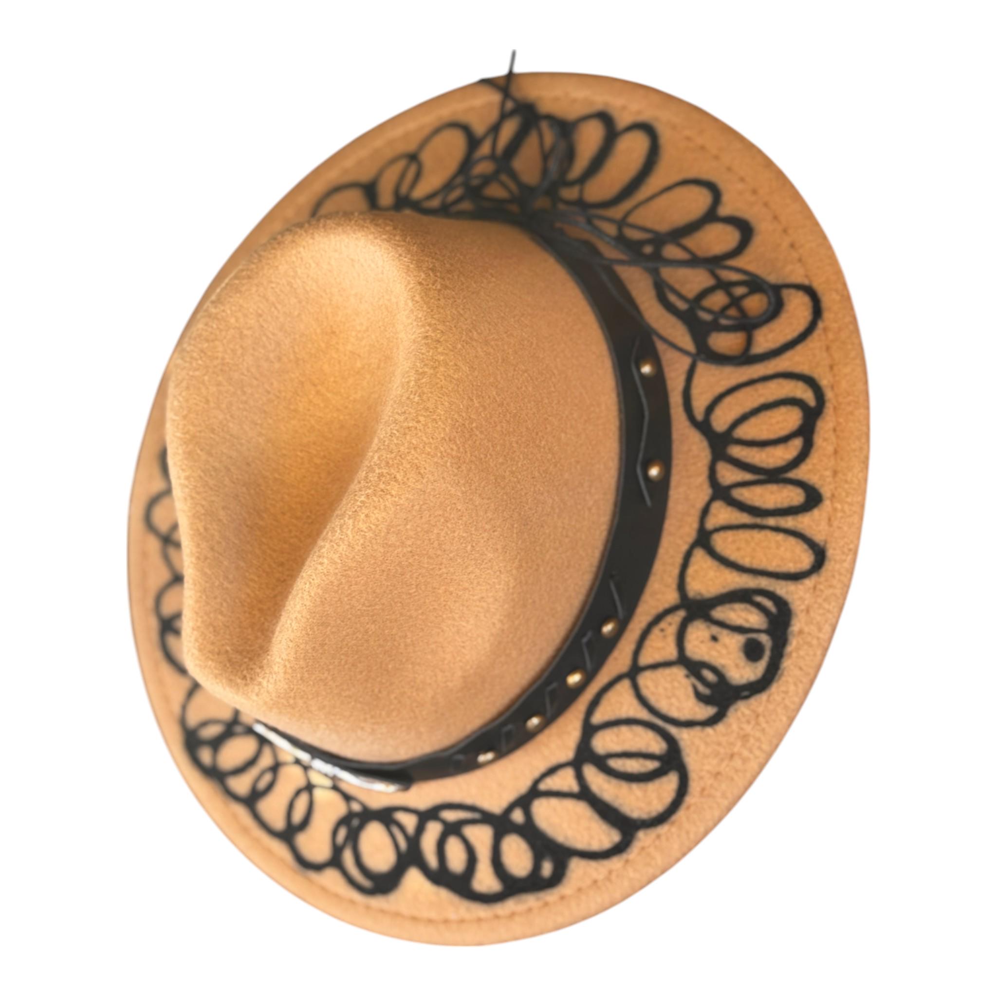 Bohemian Gold Hand-painted Fedora Hat With Unique Black 