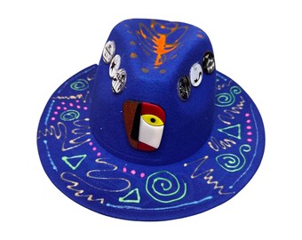 UV Reactive Psychedelic Fedora, Hand-Painted Burning Man Hat, Festival Wearable Art