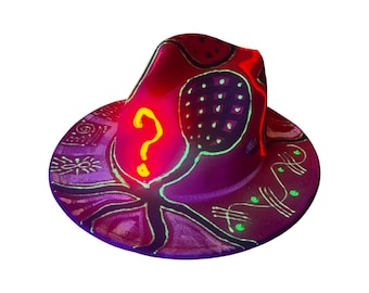 UV Reactive Rave Fedora Hat, Hand Painted Neon Glow, Burning Man Festival