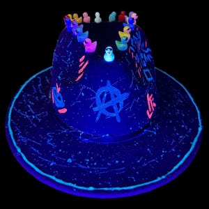 ANARCHY Glow-in-the-Dark Festival Hat with Skeleton Art – Led Light-Up UV Rave Hat for Burning Man, EDM, Psytrance, Qreine by No57