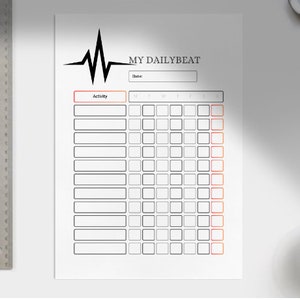 Puede incluir: Un papel blanco con el texto "MY DAILYBEAT" y un gráfico de latido cardíaco. El papel tiene una tabla para rastrear actividades, con casillas para cada día de la semana. También se ven una regla de metal, un bolígrafo y una taza de café.