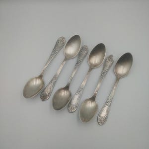 Può includere: Sei cucchiai d'argento con decorazioni floreali ornate sui manici. I cucchiai sono disposti diagonalmente su uno sfondo grigio chiaro. I cucchiai hanno una superficie lucida e riflettente.