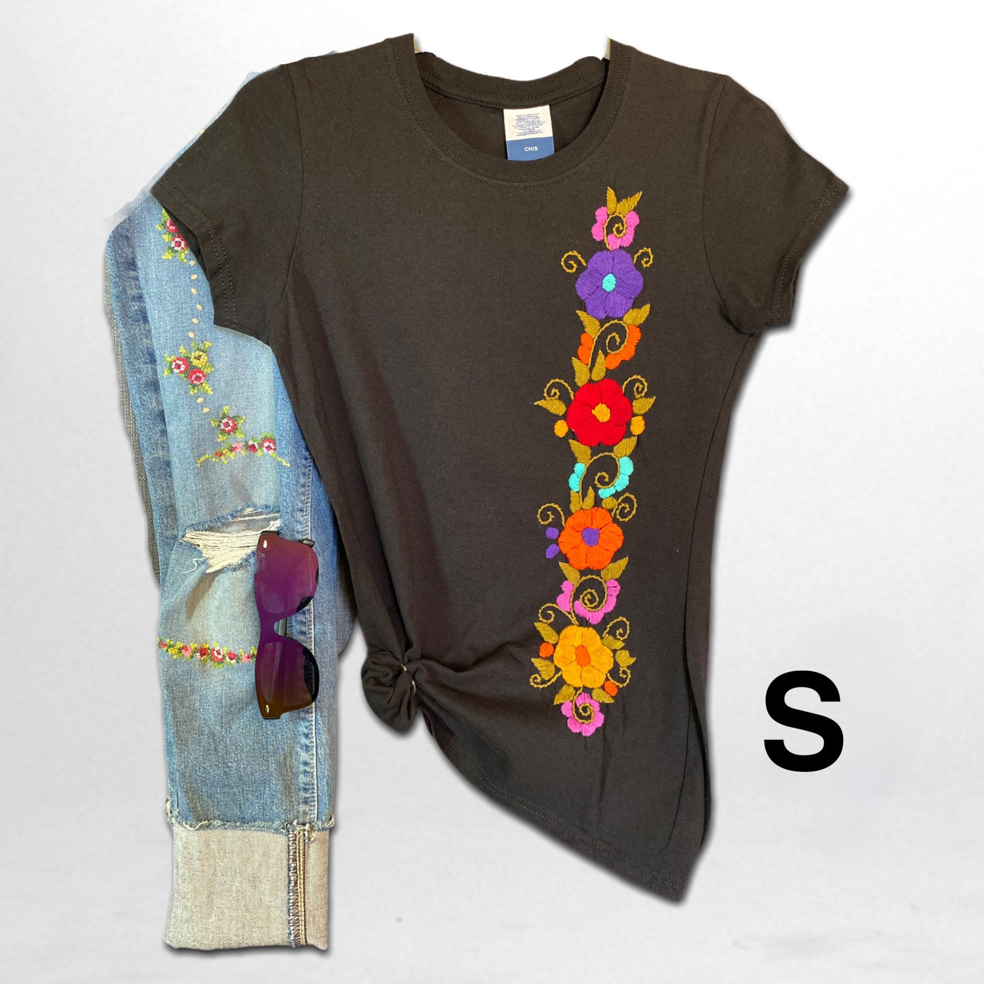 Floral shirt Flowers Tee hand Embroidered shirt Etsy