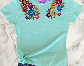 Floral Tshirt, Mint Tee, hand Embroidered Tshirt, Round Neck, women Tshirt, Flowers, Women's Clothing,Gift for Her