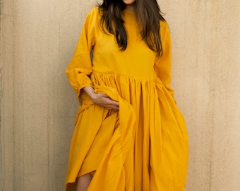 Vestido de algodón oversize: vestido de cóctel largo amarillo