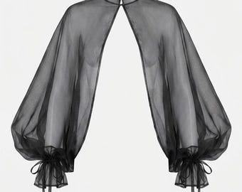 Top de organza transparente con mangas, bolero de tul negro, prenda para superponer, capa transparente, prenda ligera para la noche.