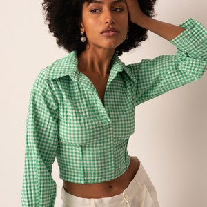 Hooked Back Women Shirts • Gingham Fabrics Cross Drawstring Casual Top • Underwire Long Sleeve Blouses • Gift for Her