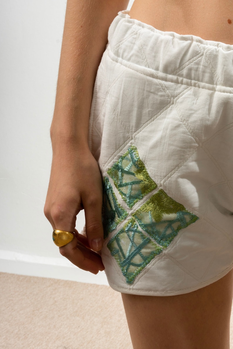 Handmade Pocketed Mini Shorts with Organza Detail Women Cotton Short Casual Mini Quilted Short image 2