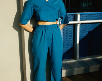 Conjunto de top corto de algodón y pantalón ancho - Cintura alta