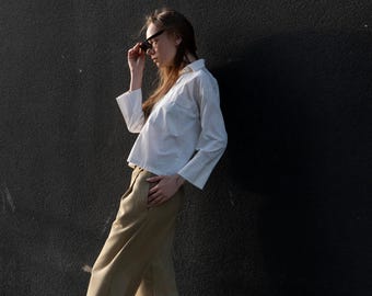 Pantalones Palazzo de algodón de cintura alta y holgados: mezcla de lino plisado