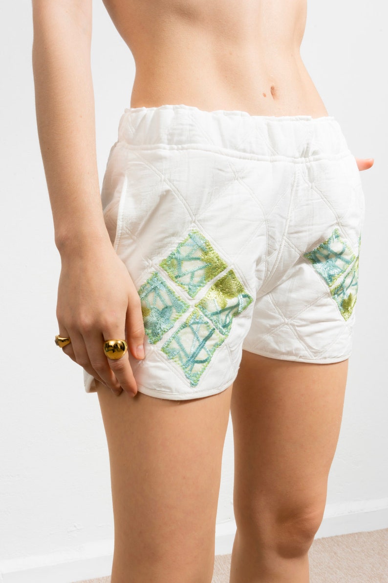 Handmade Pocketed Mini Shorts with Organza Detail Women Cotton Short Casual Mini Quilted Short image 1