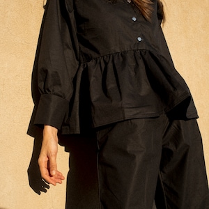 Cotton Button Up Black Women Shirts • Pleated Low Hem Curvy Waist • Casual Top • Solid Single-Breasted Puff Sleeve Blouses • Gift for Her