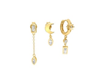 Set 3 Earrings gold plated 18k hoop earrings, cz hoops, Tiny hoops, Dainty hoops, Minimalist hoop earrings, Huggie hoop, studs cz earrings