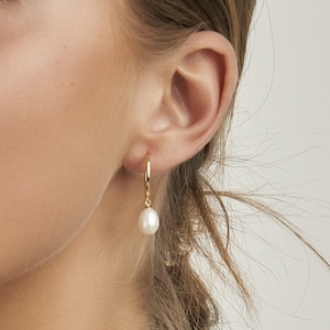 Single Pearl Hoops Earrings, Dainty Pearls Earrings, pearl earrings wedding, bridal earrings, bridesmaid earrings, gold pearl drop earrings image 4