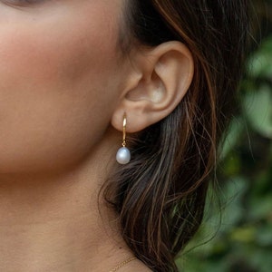 Single Pearl Hoops Earrings, Dainty Pearls Earrings, pearl earrings wedding, bridal earrings, bridesmaid earrings, gold pearl drop earrings image 6