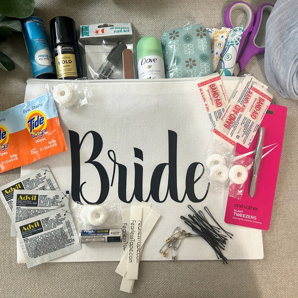 White Bridal Emergency Kit, Wedding Day emergency kit, Customized wedding day bag, gift for bride, bridal shower gift, custom bride bag