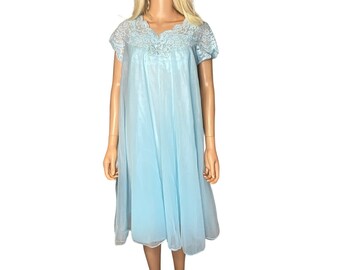 Vintage anni '60 Van Raalte Sky Blue Chiffon Peignoir Camicia da notte Set Nylon Small USA